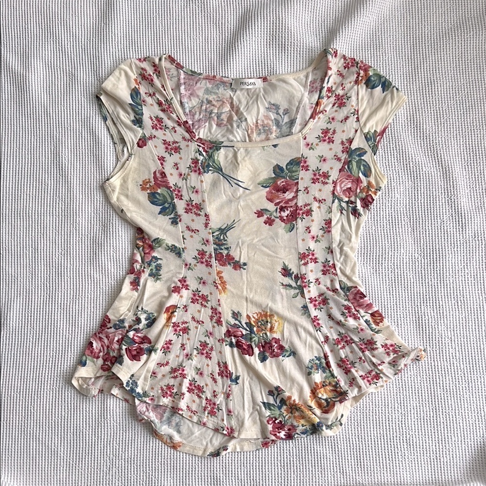 Persaya Cream and Pink Cap Sleeve Fitted Blouse